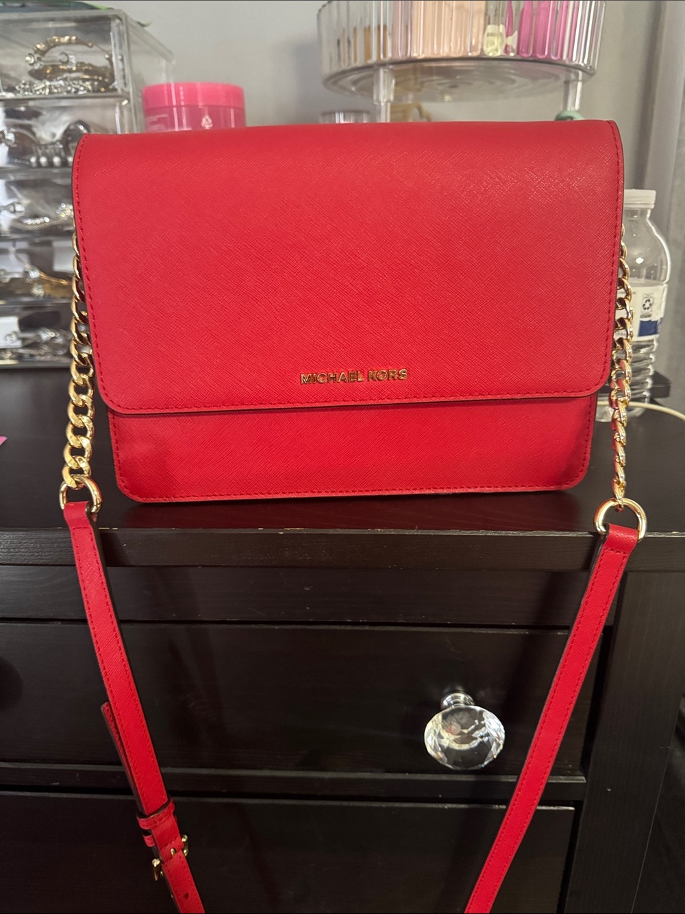 Michael Kors Bright Red Saffiano Leather Crossbody with Gold Chain Strap